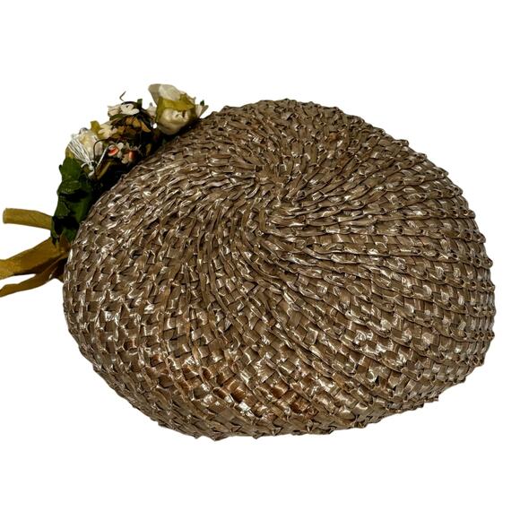 Vintage 40's mini straw hat taupe beige size 22 silk flower buds embellishment - Picture 5 of 9